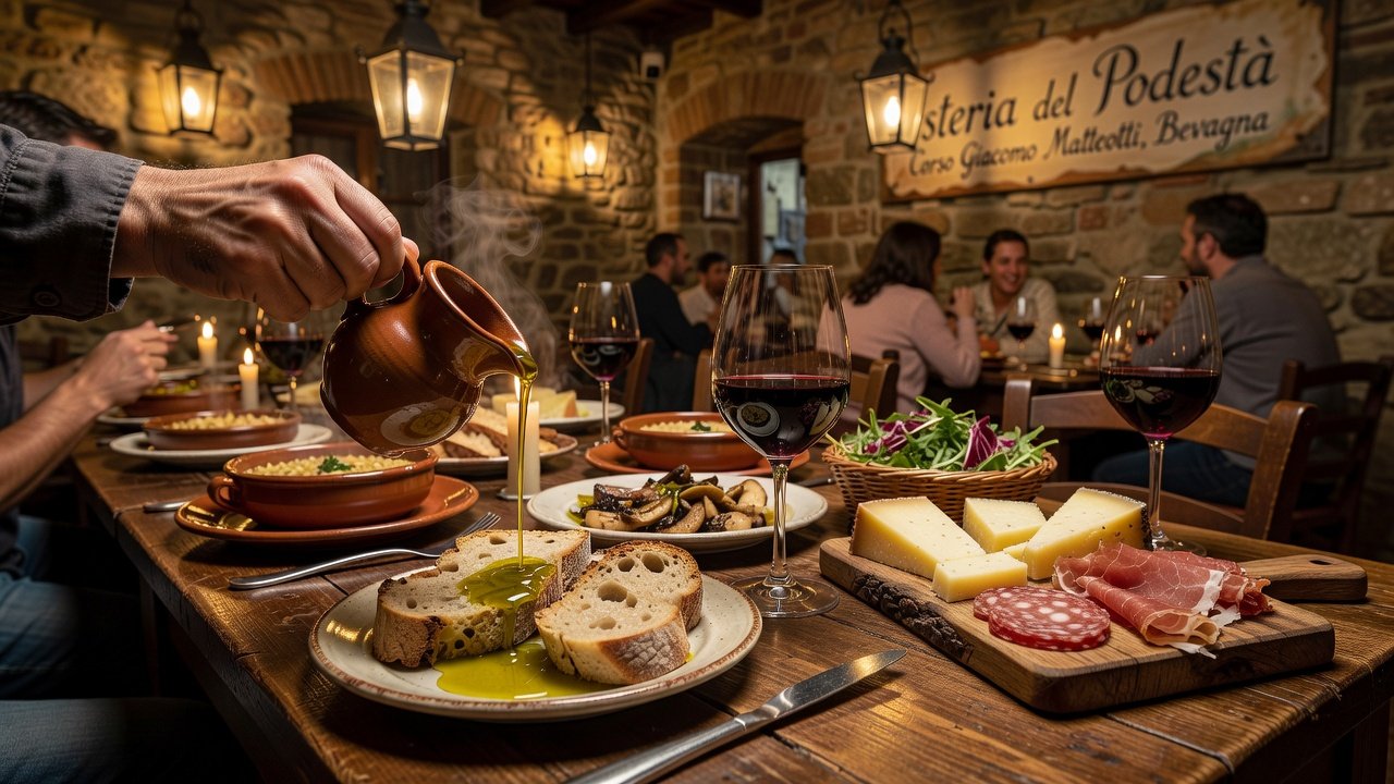 Umbrian dinner table with olive oil and Montefalco wine at Osteria del Podestà