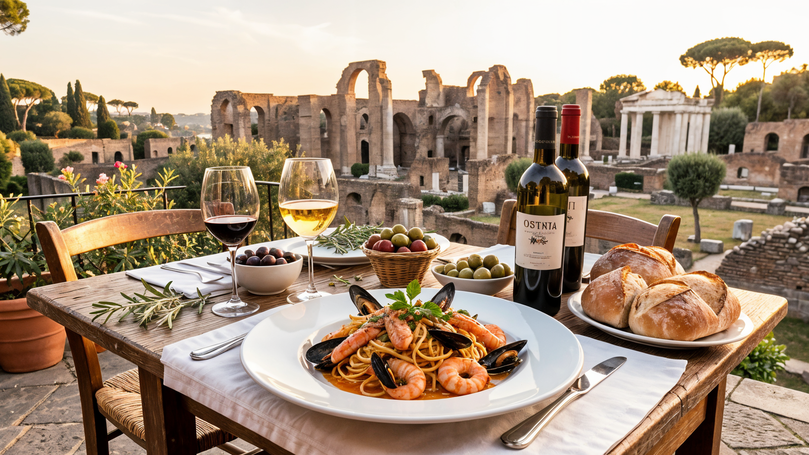 Food: Rustic trattoria with fresh seafood pasta and ruins view