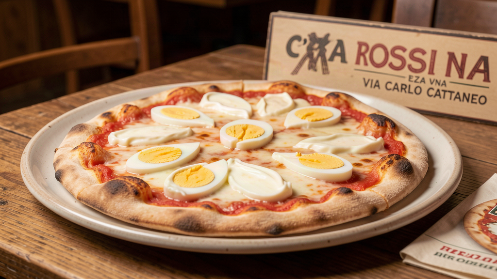 Authentic Pizza Rossini with mayonnaise and hard-boiled egg at a Pesaro pizzeria