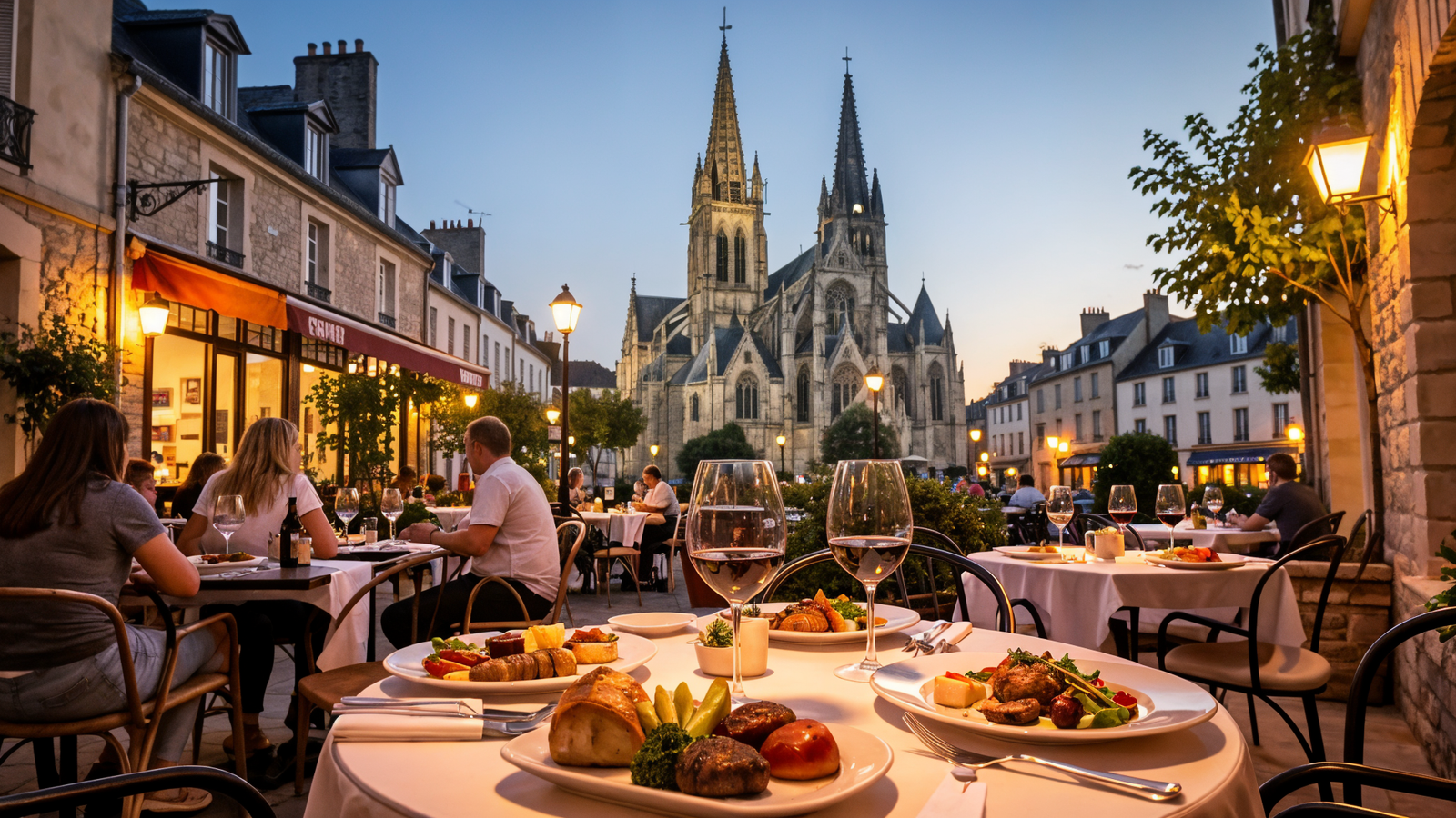 Outdoor terrace dining with cathedral view in Châlons-en-Champagne