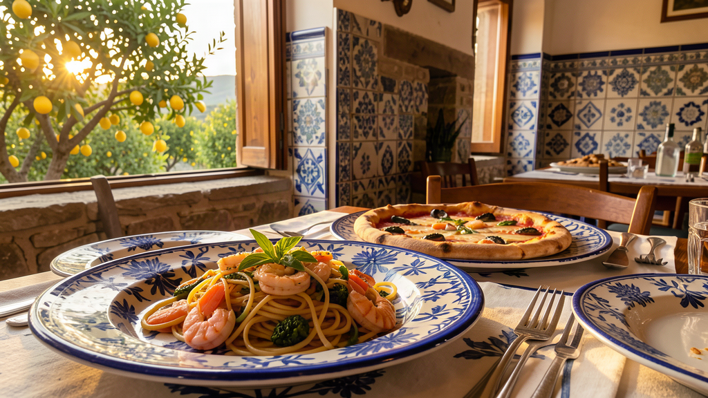 Fresh seafood pasta at a local trattoria in Anacapri, Capri on majolica-style ceramic plates