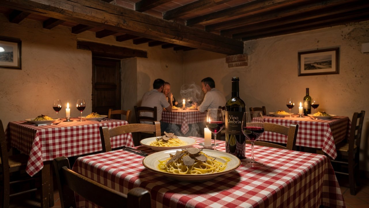 Food: Trattoria Pallotta rustic interior with truffle pasta
