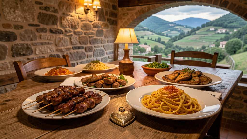 Rustic trattoria table with Abruzzo specialties and presentosa pendant in Scanno