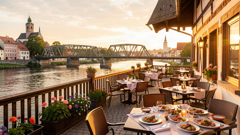 Vierradenmühle restaurant terrace overlooking the bridge and river