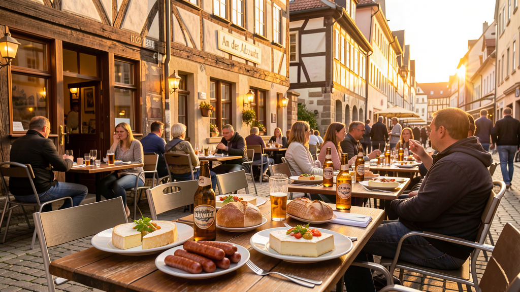Food: outdoor dining at historic timber-framed restaurant in Goslar with local specialties