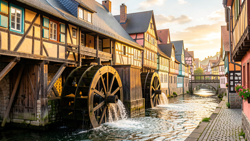 Hero: historic mill wheels turning on the Gose river at An der Abzucht in Goslar