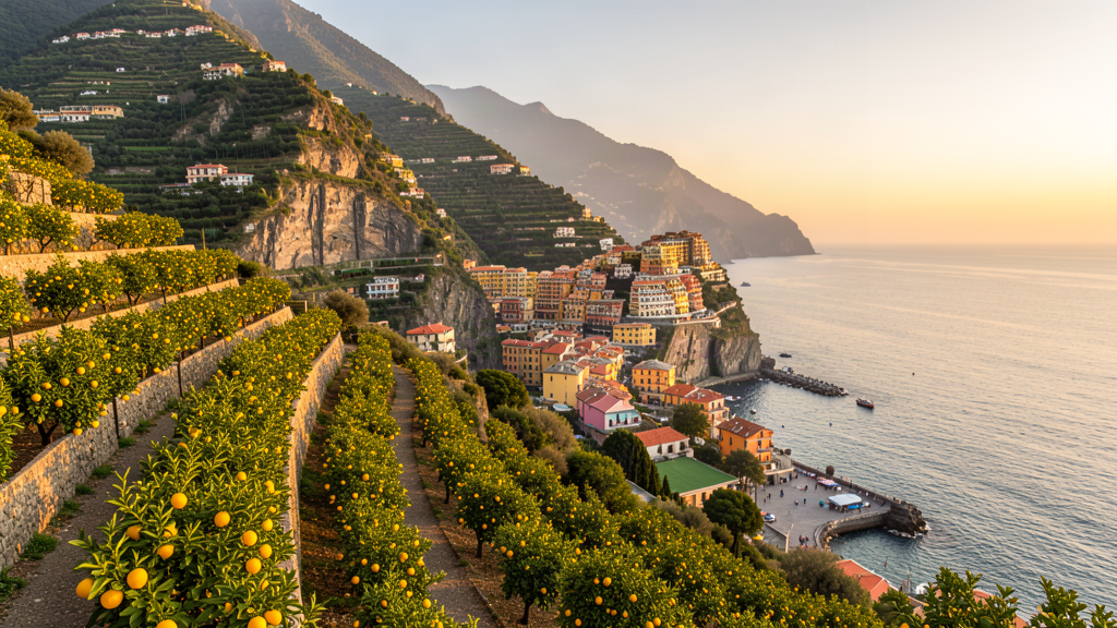 Panoramic view of lemon terraces on Capuchin Hill, Monterosso al Mare