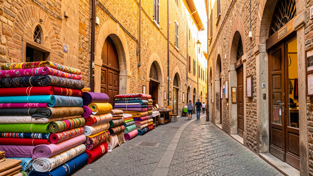 Fabric rolls stacked outside workshops on Contrada del Carmine in Brescia at golden hour