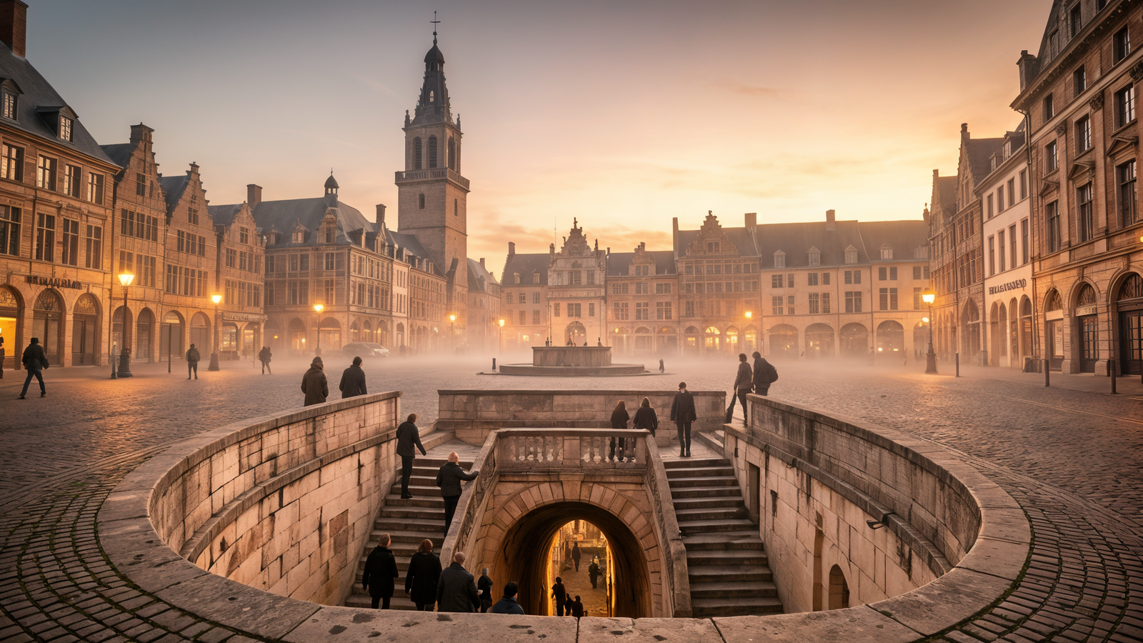 Chalk descent and Place des Héros façades in Arras at dusk