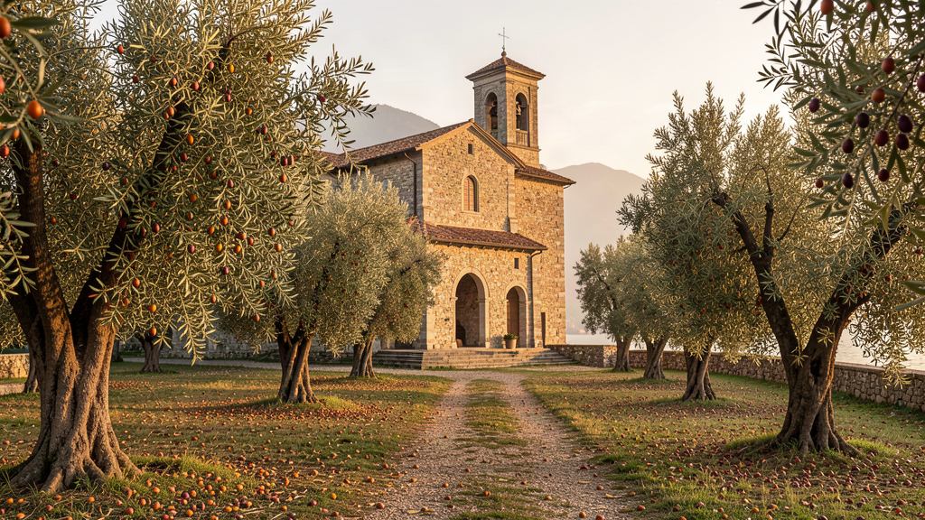 Autumn olive harvest around San Pietro in Mavino church in Sirmione