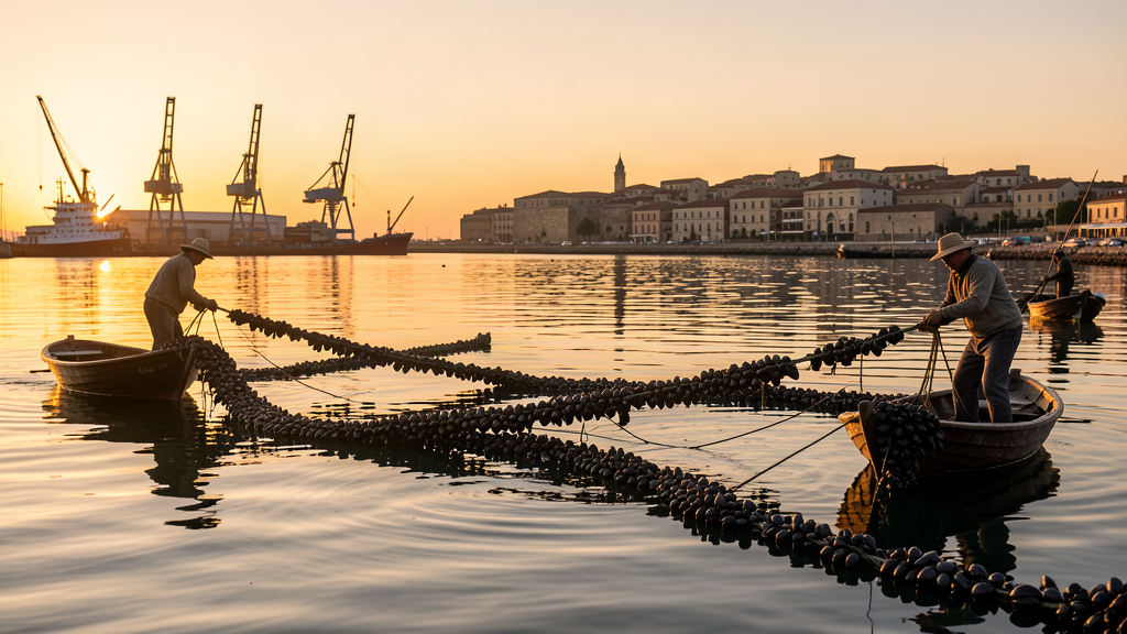 Mussel ropes in the still water of Taranto's Mar Piccolo at golden hour