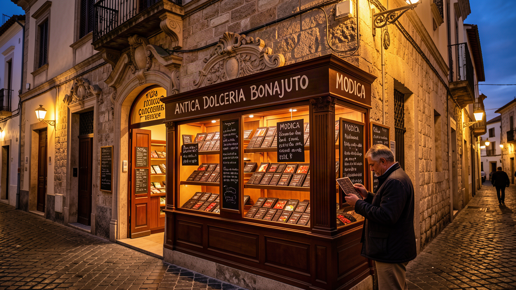 Antica Dolceria Bonajuto chocolate shop facade in Modica at dusk