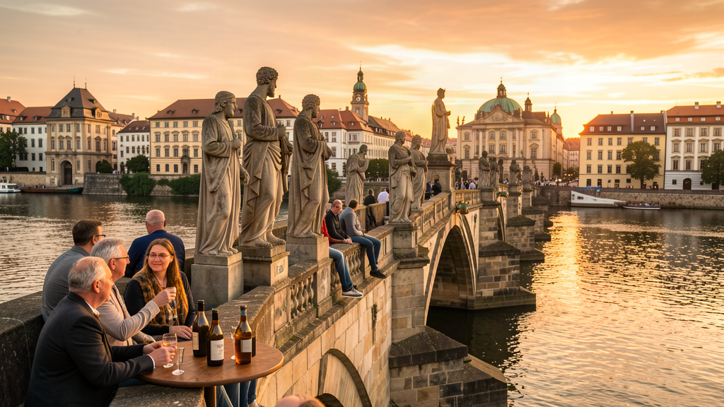 Hero: Alte Mainbrücke with sandstone saints and locals enjoying Brückenschoppen at sunset