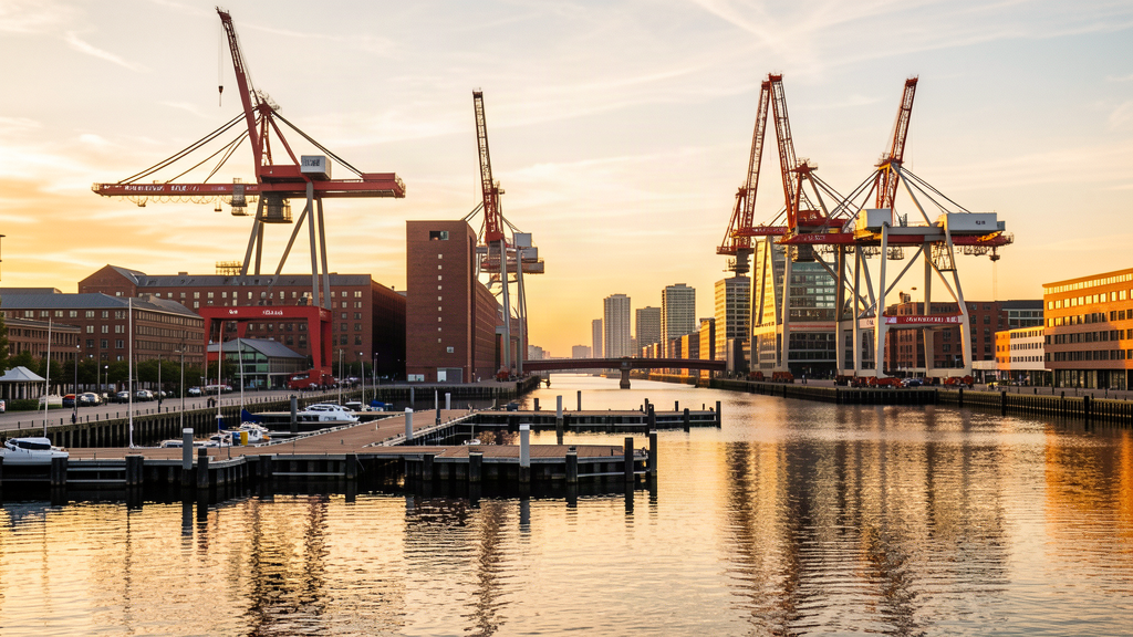 Sandtorhafen pontoons and restored harbor cranes in HafenCity, Hamburg