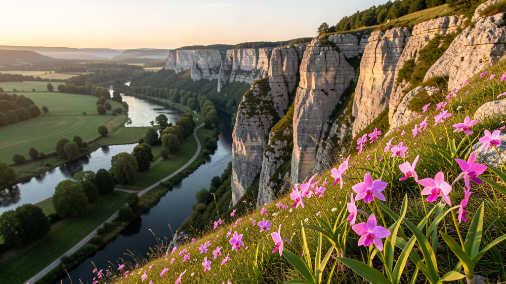Wild orchids on limestone slopes above the Saale valley in Jena, Germany