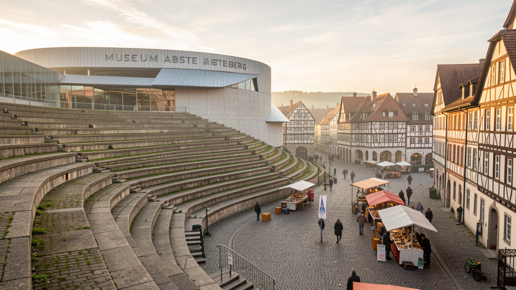 Abteiberg terraces catch morning light over Alter Markt in Monchengladbach