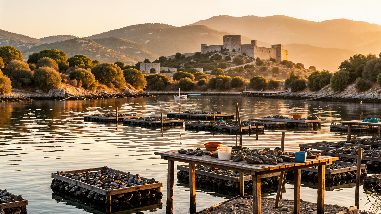 Oyster tables and farms on Étang de Diane lagoon in Aléria with Fort Matra at golden hour
