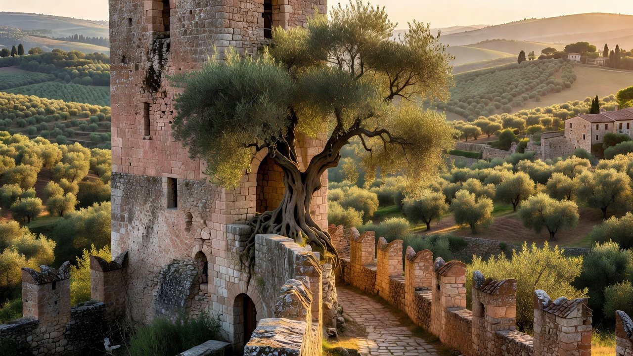 Hero: ancient olive tree on Porta San Giacomo tower at golden hour