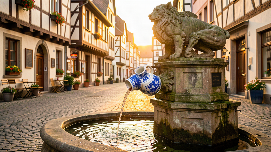 Hero: Bembel pouring under Frau Rauscher fountain on Klappergasse in Frankfurt am Main