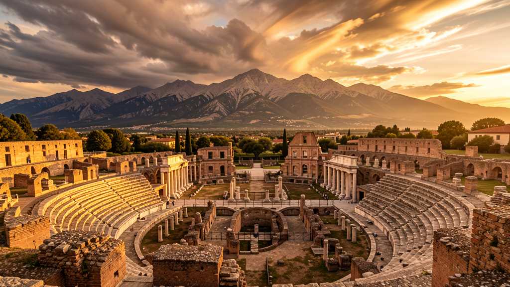 Dramatic golden hour view of La Civitella amphitheatre ruins in Chieti with wind-swept clouds and Maiella mountains