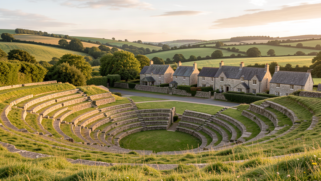 Grassy Roman amphitheatre banks on the Querns hillside along Cotswold Avenue in Cirencester