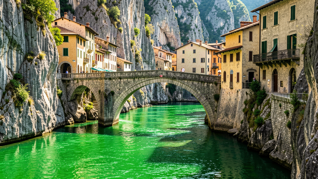 Ponte del Diavolo spanning the green Natisone gorge in Cividale del Friuli