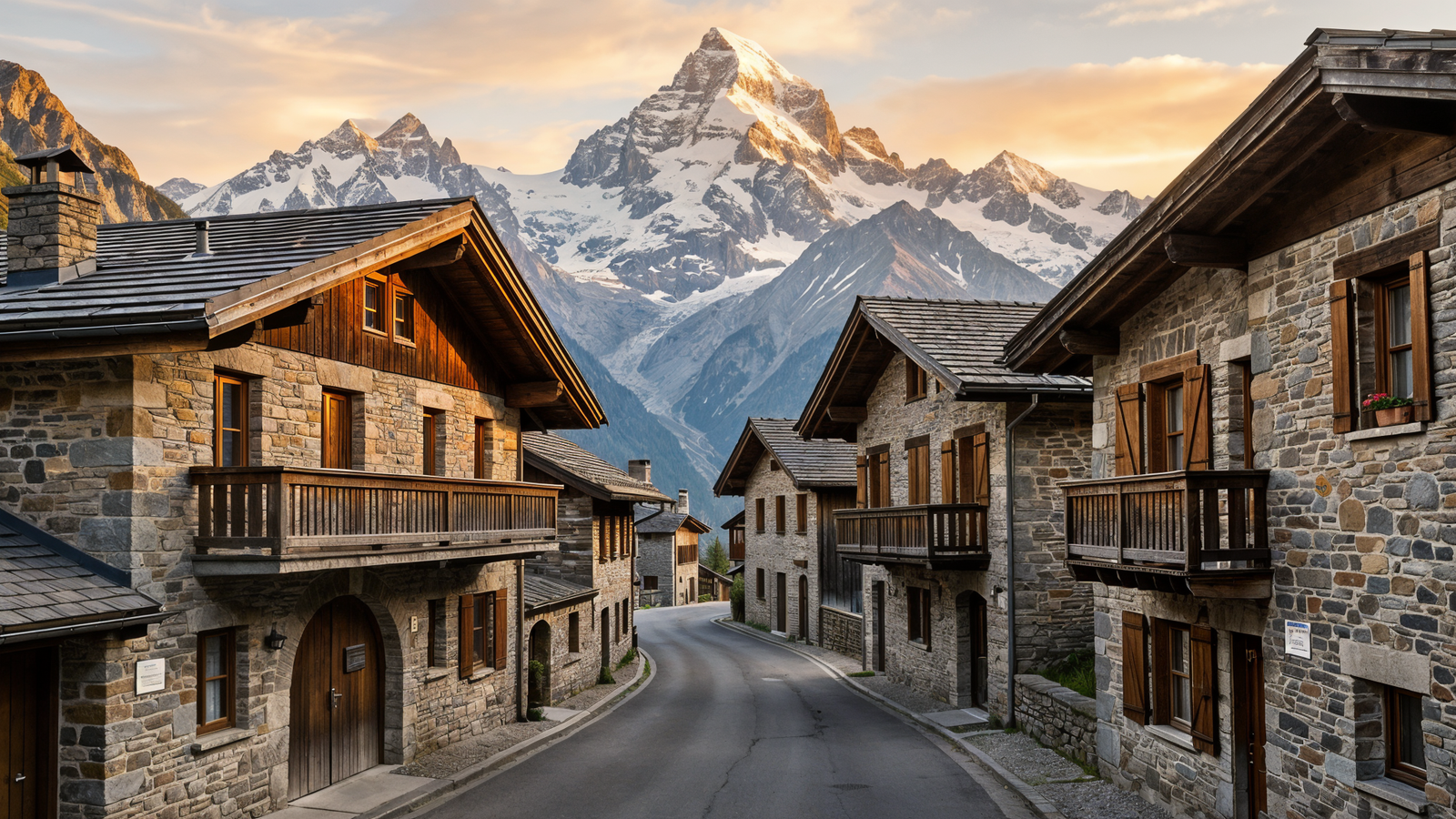 Hero: Stone hamlet of Entrèves under Monte Bianco at golden hour
