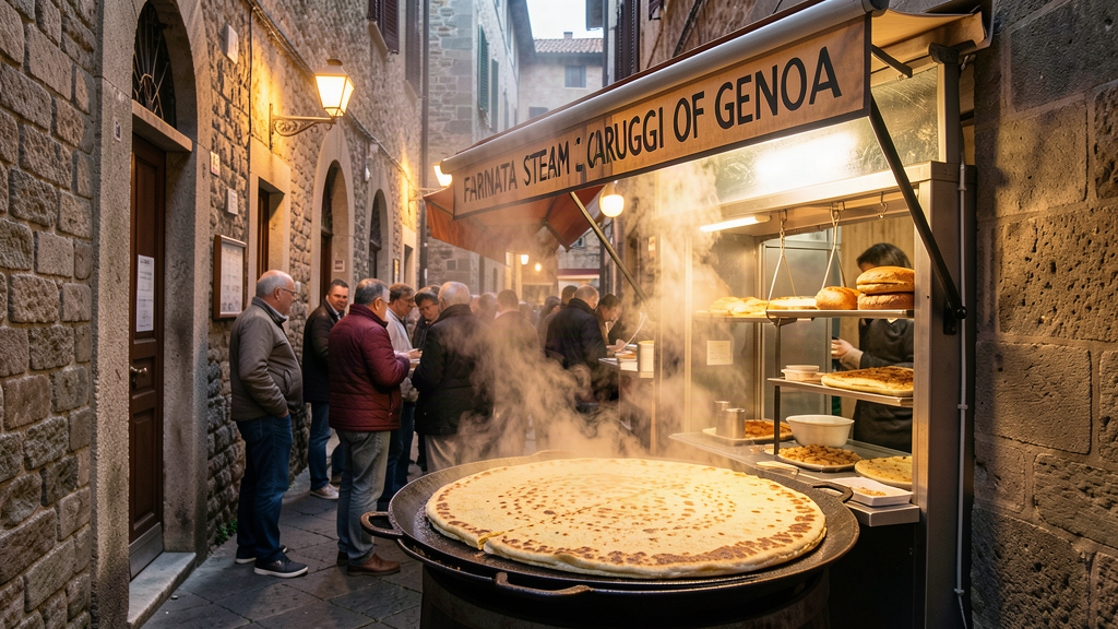 Farinata steam in the caruggi of Genoa