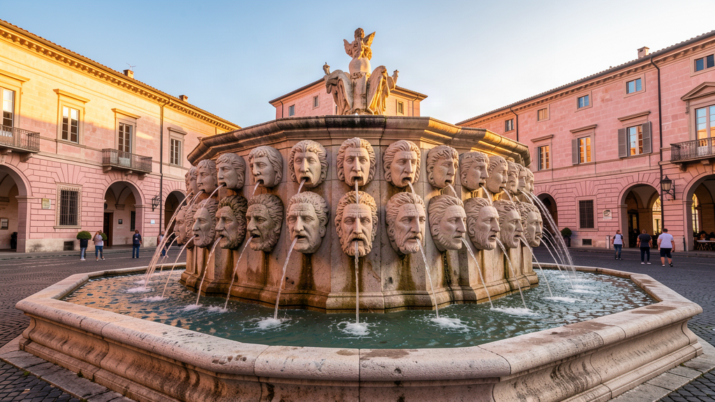 Fontana delle 99 Cannelle stone masks and spouts in Borgo Rivera, L'Aquila at golden hour