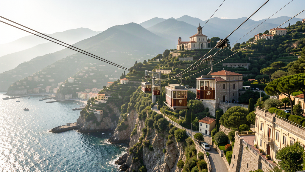 Cable cars traveling above a sunlit hillside town overlooking a rocky coastline and bay at sunset/Sunlight glints on the water as gondolas glide along wires above the town.