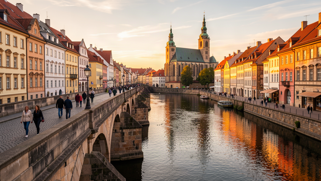 Crossing the Altstadtbrücke on the Neisse in Görlitz at golden hour