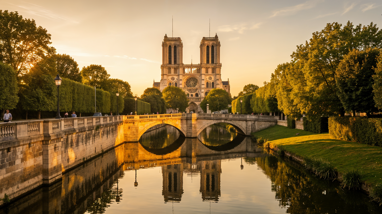 Golden hour on Grand Jard footbridge with Notre-Dame-en-Vaux cathedral in Châlons-en-Champagne