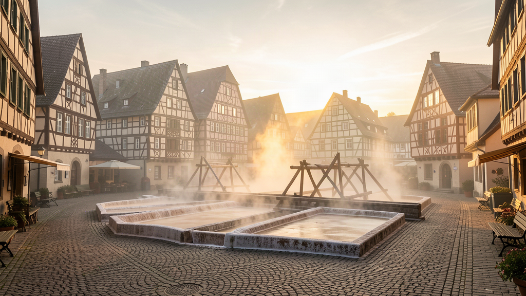 Haalplatz square at dawn with brine evaporation pans and half-timbered houses in Schwäbisch Hall