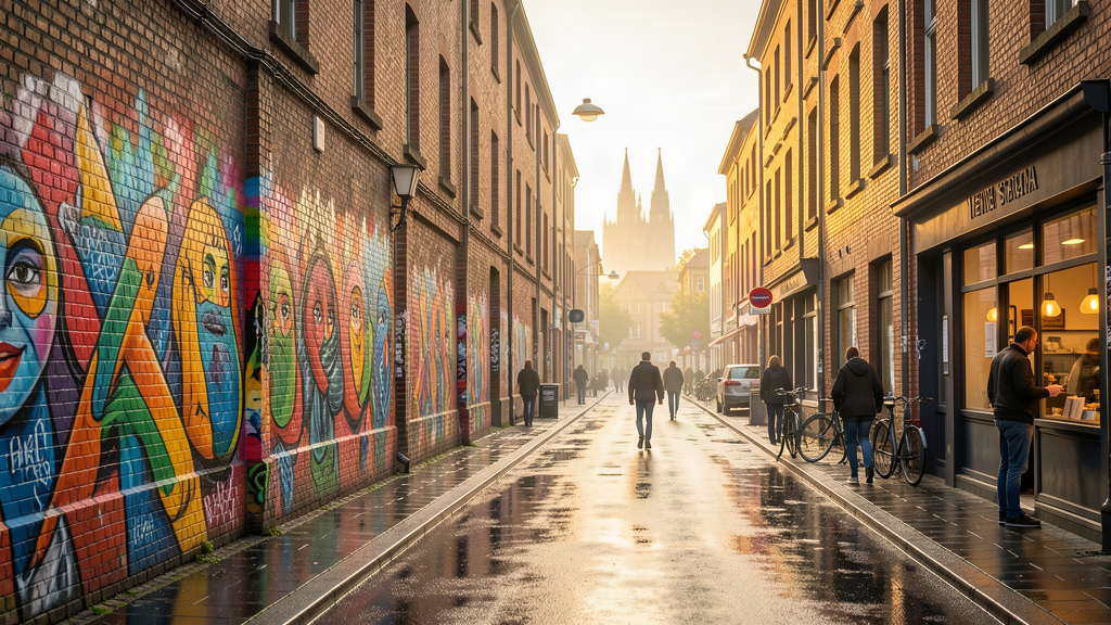 Heliosstraße murals at dawn along Venloer in Köln Ehrenfeld