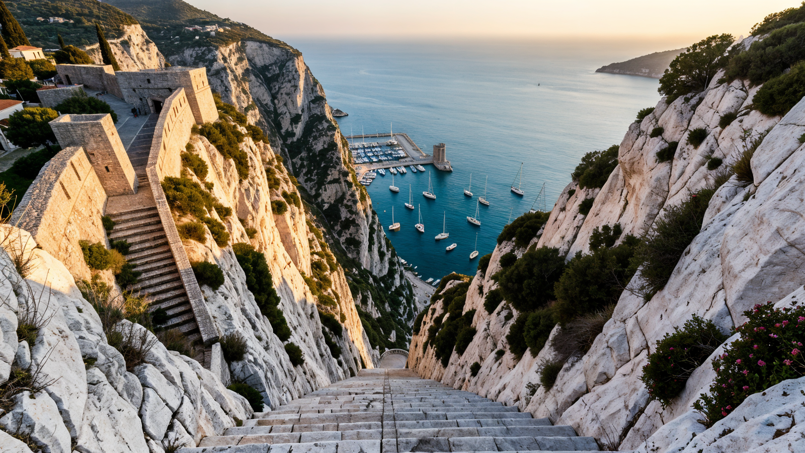 Dramatic view down the King of Aragon's stairs in Bonifacio cliffs to the harbor