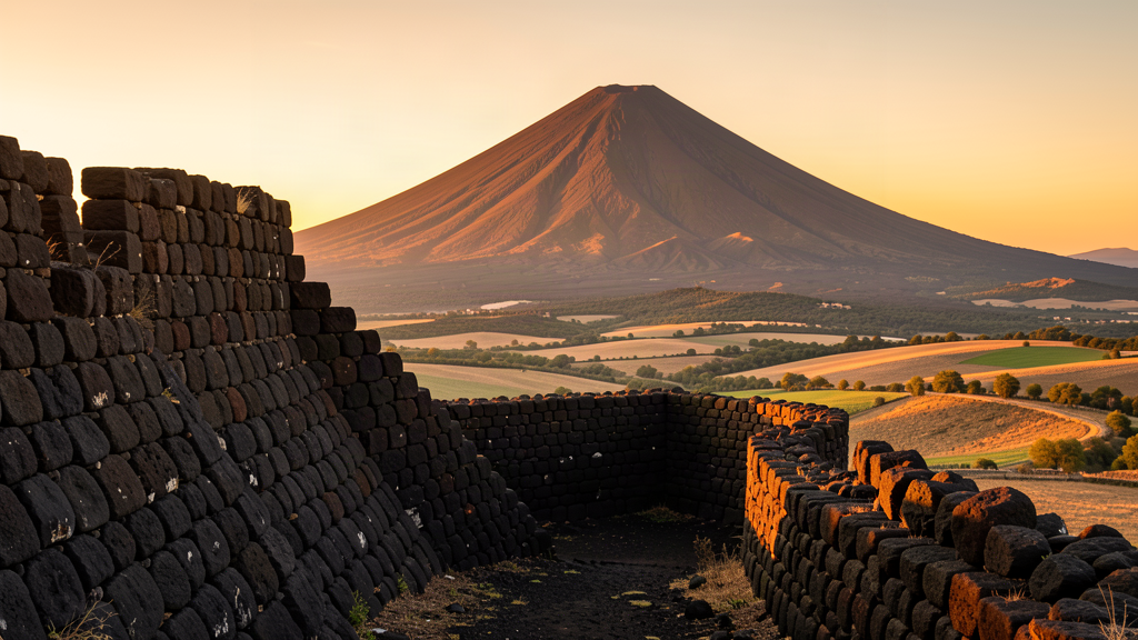 Lava-stone ramparts of the Norman Castle facing Monte Vulture at golden hour in Melfi