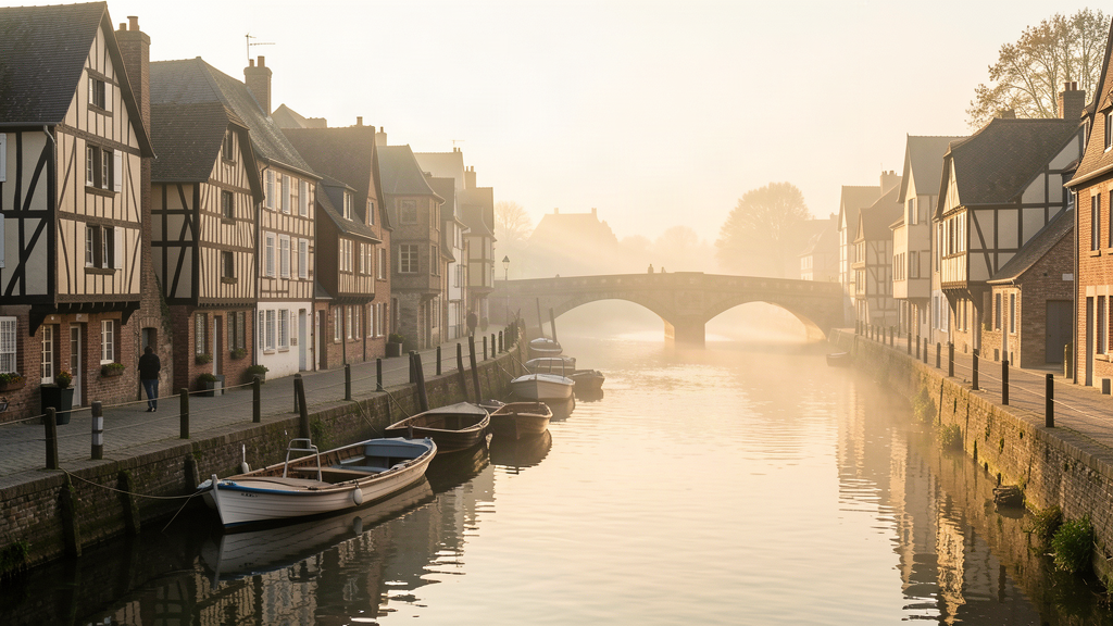 Morning light on the Maine river in La Doutre, Angers with timbered quays and boats