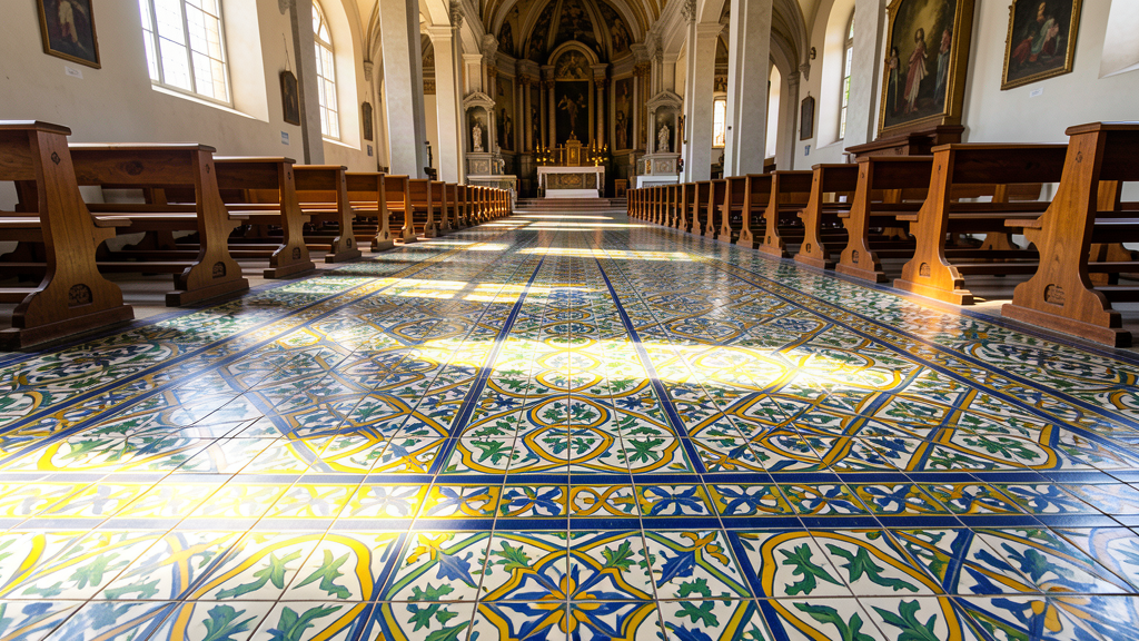 Intricate majolica tiled floor at the Church of San Michele in Anacapri, Capri, vibrant geometric and floral patterns in sunlight