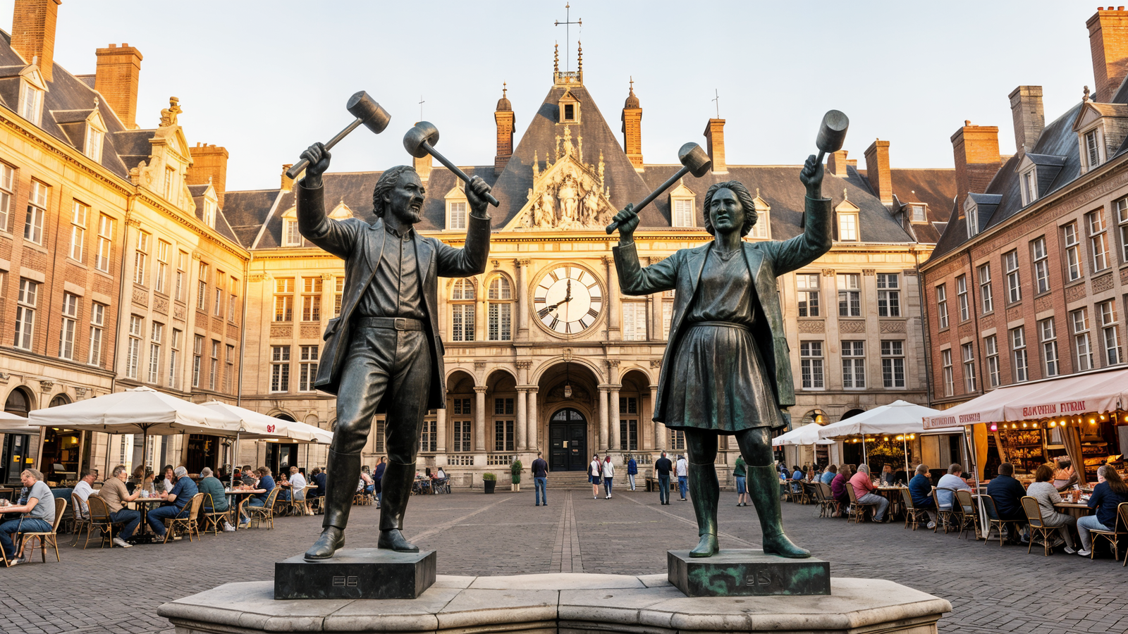 Martin and Martine bronze giants striking the bell on Cambrai town hall roof at Grand'Place