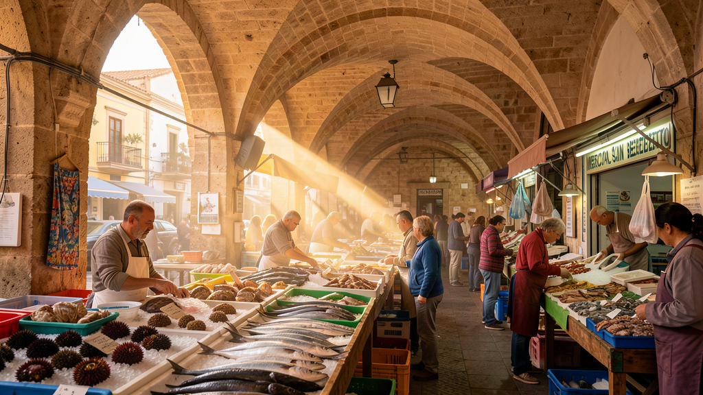 Morning fish market under vaults at Mercato San Benedetto, Cagliari