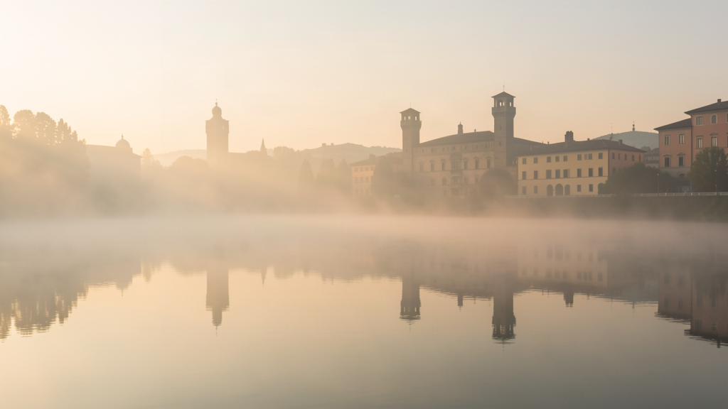 Morning fog on Lago di Mezzo in Mantova with historic skyline
