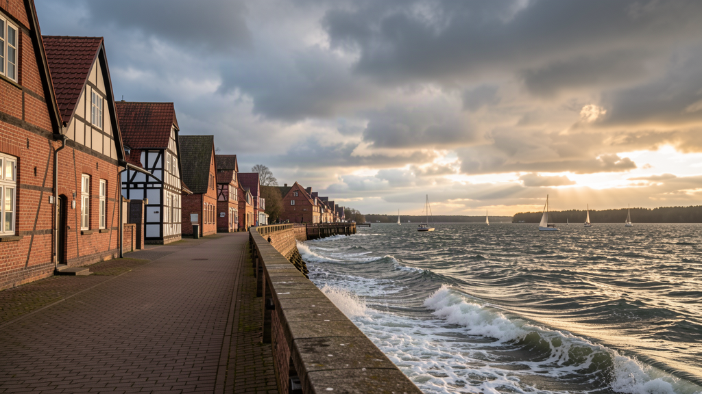 Wind-swept Bollwerk promenade along the Ruppiner See in Neuruppin