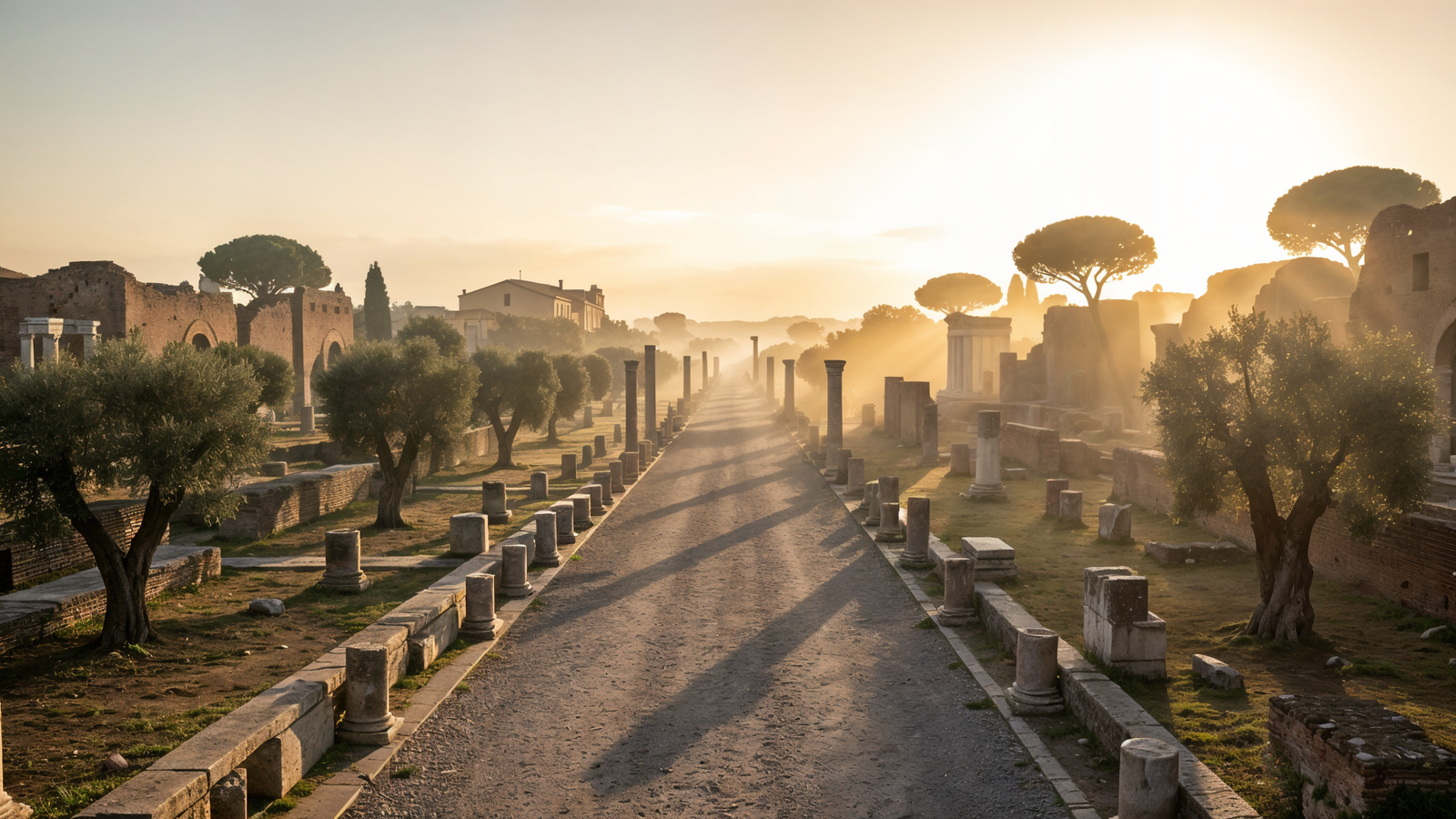 Hero: Decumanus Maximus ancient road in Ostia Antica at golden hour