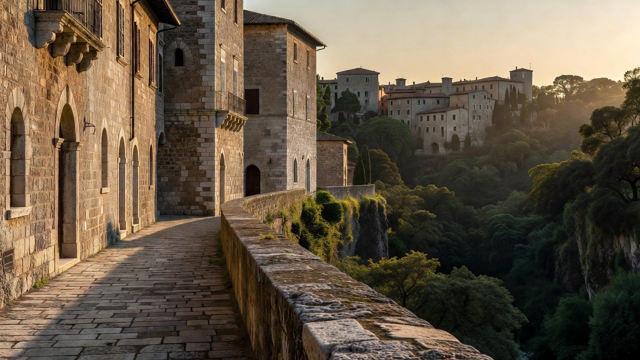 Stone parapet on Via dell'Acquedotto overlooking ravine at golden hour