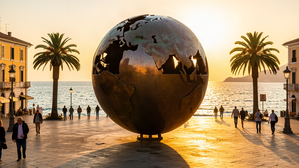 Golden hour at Piazzale della Libertà featuring the Sfera Grande sphere with Adriatic Sea, Pesaro, Italy