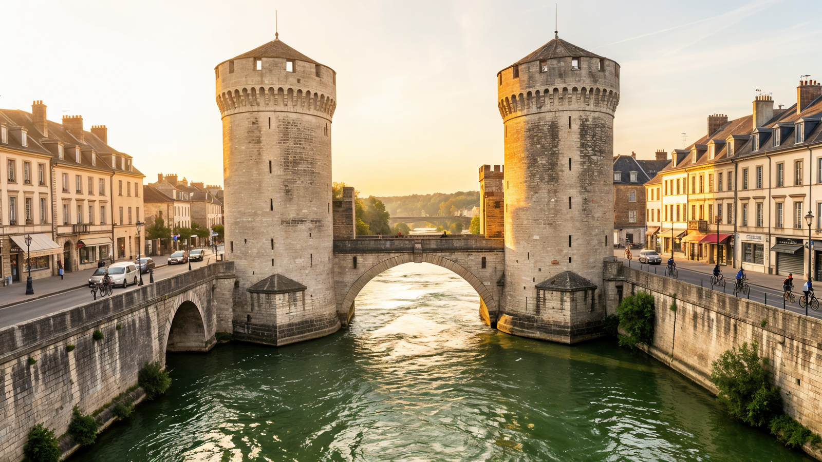 Twin towers of the Porte Chaussée on the Meuse at golden hour in Verdun