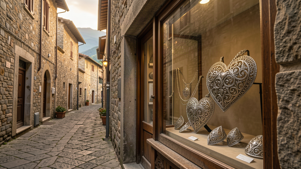 Presentosa filigree behind glass on Via De Angelis in Scanno