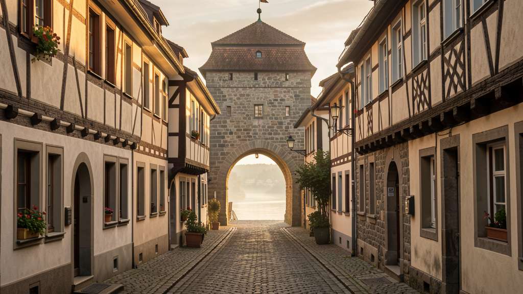 Rheingasse sloping toward the old Rhine gate and Rheintorturm in Niederburg, Konstanz