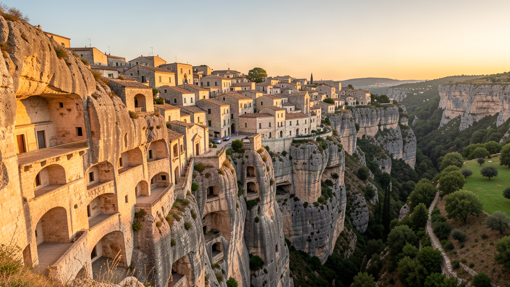 Rock-cut churches facing the Gravina in Matera at golden hour