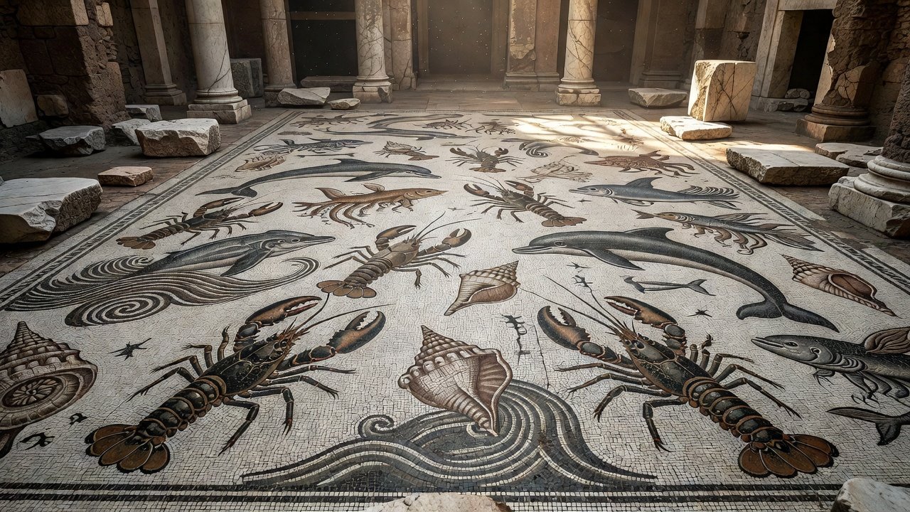 Black-and-white Roman mosaic floor with lobsters in Bevagna frigidarium